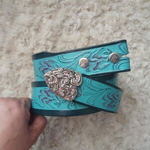 💎 VACCARI Women's Turquoise Tooled Leather Belt NO BUCKLE